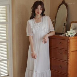 Women's Sleepwear Summer Vintage Night Dress Women Mesh Lace Short Sleeve Nightdress Fairy Long Modal Cotton Nightgown Sweet Princess