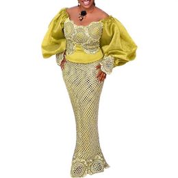 Ethnic Clothing Dubai Luxury Off Shoulder Puff Sleeve Kaftan Maxi Gown Dashiki African Lace Embroidered Evening Party Long Dress A240o