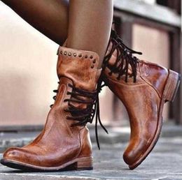 Boots zapatos mujer sapato women mid-calf matin boots ladies chaussure girl vintage PU leather booties shoes woman warm lace up L230711