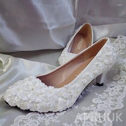 Dress Shoes Middle MED 5CM Heel Woman White Lace Pearls Wedding Pumps Bride Plus Size Fairy Ladies Party Proms Female