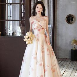 Ethnic Clothing Formal Tube Top Bow Evening Dresses Women French Floral Print Prom Party Gown Vestido Robe De Soire