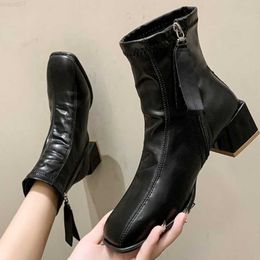 Boots Black Ankle Women's Folding Square Upper Zipper Thick Sole Leather Boots Waterproof Shoes Botinha Femina L230711