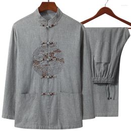 Men's Tracksuits Gray (Long Sleeve Shirt Pant) 2Pcs/Set High Quality Cotton Linen 4XL Men Tai Chi Suit Classic Wu Shu Clothing