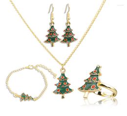 Necklace Earrings Set Winter Women Christmas Jewellery Lovely Enamel Tree Pendant Ring Bracelet For Gifts
