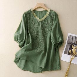 Women's Blouses Retro Cotton Linen Embroidered Tops Solid Colour V Neck Vintage Artistic 5/6 Sleeve Top Short T Shirts For Women