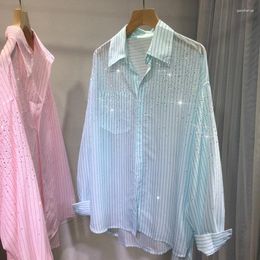 Women's Blouses Drilling Diamonds Chiffon Shirts Loose Slim Medium Length Striped Sunscreen Rhinestones Sun Protection Cardigan Tops