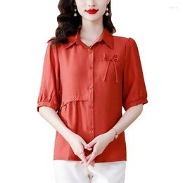 Women's Blouses 2023 Mom Summer Ladies Cotton And Linen Elegant Shirt Short Sleeve Loose Casual Solid Color Bow Temperament Women Coat