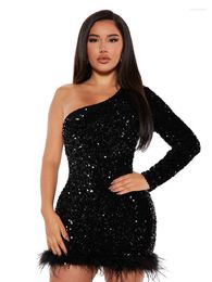 Casual Dresses IDress Sequin Short Party Bodycon Dress Women Sexy One Sleeve Years Evening Luxury Feather Night Birthday