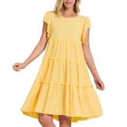 Casual Dresses Yellow Women Elegant Dress Summer Solid Colour Lady Short Sleeve Ruffle Fashion Loose Beach Tiered Midi Robe