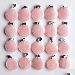 Charms Natural Stone Round Shape Rose Quartz Pendants Chakras Gem Fit Earrings Necklace Making Assorted Drop Delivery Jewellery Findin Dhgod