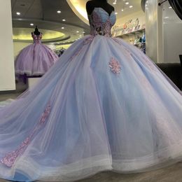 Sky Blue Glittering Sweetheart Quinceanera Dress Off Shoulder Beading Applique 3DFlower Vestidos De 15 Anos Ball Gown