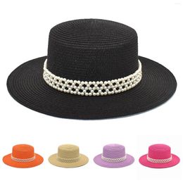 Wide Brim Hats Summer Elegant Pearl Chain Flat Sun For Women Chapeau Feminino Straw Hat Panama Anti-Uv Beach Cap Girl L2