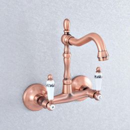 Bathroom Sink Faucets Antique Red Copper Basin Faucet Wall Mounted Double Handle Swivel Spout And Cold Mixer Nsf870