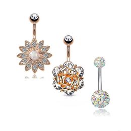 Navel Bell Button Rings 3Pcs/Set Flower Y Wasit Belly Dance Crystal Body Jewelry Stainless Steel Rhinestone Piercing Dangle For Dr Dhjec