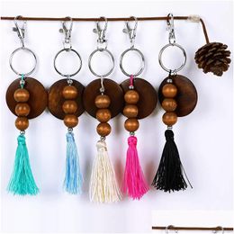 Key Rings Wooden Beaded Ring Favour Cotton Tassel Pendant Engraving Monogrammed Keychain Round Wood Chip Ornament Festival Gift 5 Sty Dh4Jm