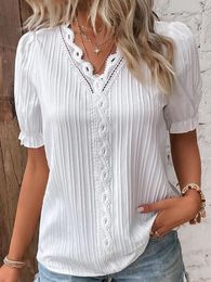 Women's Blouses Summer Top 2023 Solid Sexy V-neck Hollow Short Sleeve Shirt Fashion Vacation Plus Size Loose Street Apparel S-5XL