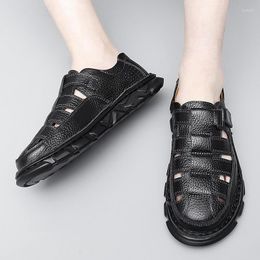 Sandals Roman Hollow Men Shoe Retro Round Toe Layer Cowhide Baotou Summer Breathable Personality Street Leather
