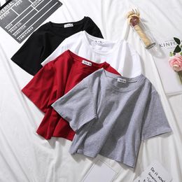 Women's T Shirts Summer Casual Short Sleeve Women Solid T-shirt O Neck High Waist Crop Top Tee Female Loose Shirt