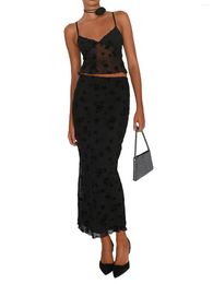 Casual Dresses Women Two Piece Lace Floral Outfits Y2k Mesh Patchwork Crop Tube Top Sexy Bodycon Long Skirts Set Streetwear (Y3-Black L)
