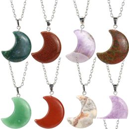 Pendant Necklaces Natural Stone Moon Necklace Rose Quartz Amethysts Charka For Women Jewelry Drop Delivery Pendants Dh4Ar