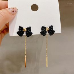 Dangle Earrings Classic Elegant Black Color Bow Long Tassel Chain For Women Girls Party Ear Accessories Fashion Bar Pendant