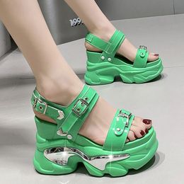 2023 New Women Summer Wedge Sandals Fashion Metal Buckle Chunky Platform Shoes Woman Green Non Slip Thick Bottom