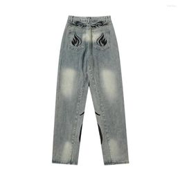 Men's Jeans American Style High Street Mens Wind Flame Embroidery Pants Fashion Brand Personalised Loose Straight For Male