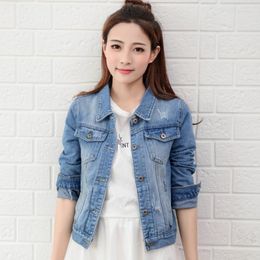 Women's Jackets Fashion Women Denim Jacket Light Blue Bomber Short Jeans Casual Ripped Outwear Slim Long Sleeve Jack Coat