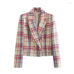 Women's Suits 2023 Tweed Woollen Jacket Ultrashort Suit Coat Women Spring Autumn High-waist Plaid Blazers Feminine Slim Casual Tops Outerwear