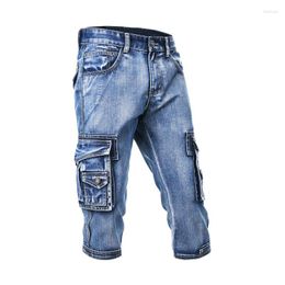 Men's Jeans Fashion Cargo Denim Shorts With Multi Pockets Slim Fit For Male Straight Long Blue Men Mid Calf