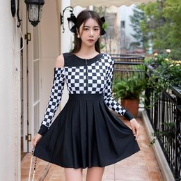 Women's Swimwear Long Sleeve Women Black Oversize One Piece Swimsuit Sexy Fat Plaid Dress Student Zipper Plus Size Ladies Skirt Vacation