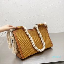 2023-Seaside Tote: Woven Straw Handbag with Thick Rope Handles - Large Capacity for Women's Vacation Style - Brown/Yellow
