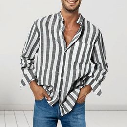 Men's Casual Shirts Men Shirt Stand Collar Loose High Elasticity Dress-up Stripe Printing Striped Linen Buckle Top For Dating