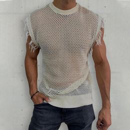 Men's Tank Tops Hollow Knit Vest Top Streetwear Men Summer Sleeveless T Shirt O Neck Pullover Tee For Man Casual Tassel Solid Sweater