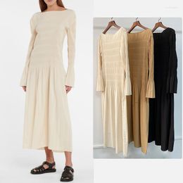 Casual Dresses TOTE&MY Co-brand-Spring And Summer One-shoulder Boat Neck Crimped Thread Flare Sleeve Pleated Mid-length Dress