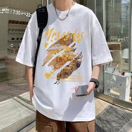 2023 Summer New Hong Kong Style Short Sleeve T-shirt for Men's Versatile INS. Student Print Loose Fashion 5/4 Sleeve Couple Top