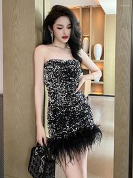 Casual Dresses Summer Mini For Women 2023 Sexy Glitter Bright Sequins Dress Strapless Backless Skinny Feathers Birthday Club Vestido
