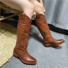 Boots BONJOMARISA 2023 New High Heel Knee Women's Boots Leather West Dot Lace Zipper Vintage Autumn Winter Shoes L230711