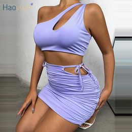 Urban Sexy Dresses HAOYUAN Sexy Two Piece Set Cut Out One Shoulder Crop Top Bandage Mini Skirt Club Outfits for Women 2022 Summer Matching Sets L230711