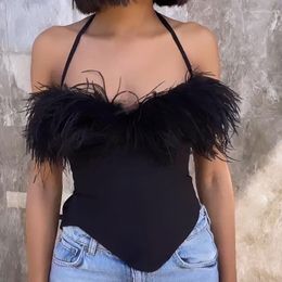 Women's Tanks Sexy Women Cute Fur Halter Crop Tops Sleeveless Strapless Camis Blusa Bustiers Lingerie Feathers Bralette Summer 2023