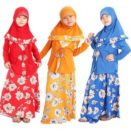 Ethnic Clothing Children Muslim Abaya Dubai Middle Eastern Islamic Turkish Print Party Dress Hijab Kids Girls Scarf Kaftan Robe Ji2953