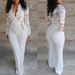 Women's Jumpsuits Rompers White jumpsuit Women's lace patchwork long sleeved V-neck wide leg pants Office women's jumpsuit 230710