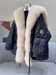 Pullovers Big Faux Fox Fur Collar Down Coat 2023 Women Winter Fluffy Loose Puffer Jacket Chic Feather Female Parka Snow Outwear