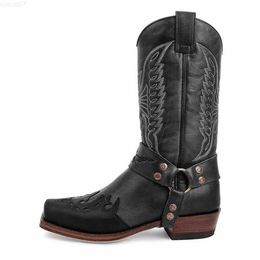 Boots Autumn Winter Women's Fashion Vintage Long Boots Causal Embroidery Leather Boots Low Heel West Cowboy Style Tall Boots Women L230711