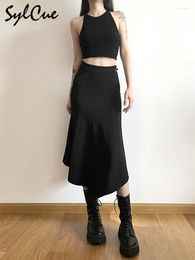 Skirts Sylcue Black Simple All-match Casual Trendy Personality Sexy Mature Beautiful Summer Street Travel Women Irregular Pleate Skirt