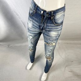 Men's Jeans Fashion Streetwear Men Retro Blue Stretch Elastic Slim Fit Hole Ripped Patch Designer Hip Hop Brand Pants Hombre