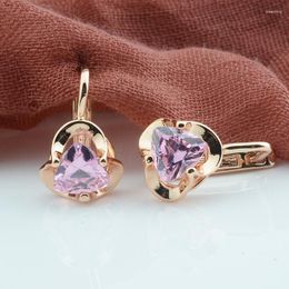 Dangle Earrings FJ Women 585 Rose Gold Color Purple Pink Flowers Stone Drop