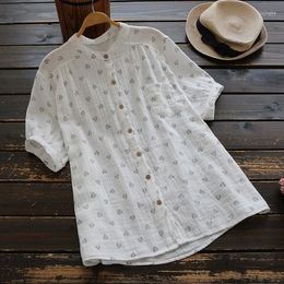 Women's Blouses 2023 Short Sleeve Female Loose Tops Cotton Shirt Summer Women Blouse Japan Style Fresh Button Stand Collar
