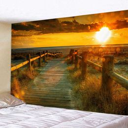 Tapestries Nature Sunset Forest Tapestry Scenic Green Pine Tree Beach Landscape Wall Hanging Home Bedroom Room Indoor Outdoor Decoration