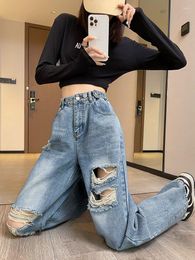 Women's Jeans Beggar Knee Big Hole Ripped Distressed For Women High Waist Jean Destroyed Denims Trousers Woman Broken Denim Pants A206